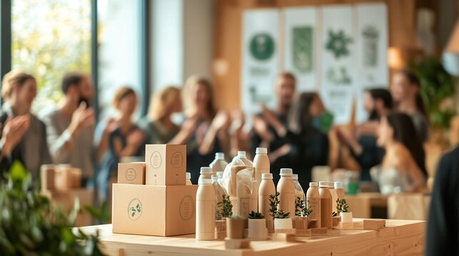 successful eco-friendly product launch event, innovative packaging displayed, audience applauding, sustainability banners in the background