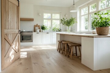 white modern kitchens, Large windows. Luxury