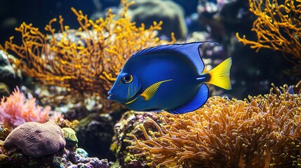 Fototapeta premium Blue tang fish swimming among the corals, vibrant colors and clear water, tropical ocean setting