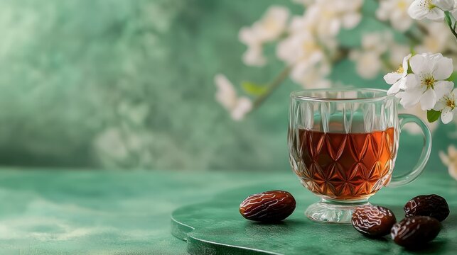 Banner with dates and a glass of tea on a green background with copy space, postcard with wishes for a Happy Nowruz