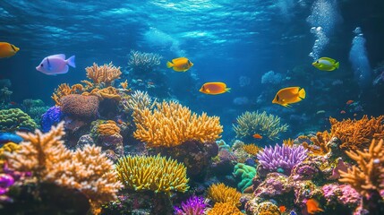 Coral reef teeming with life, vibrant colors and diverse species of fish swimming among the corals