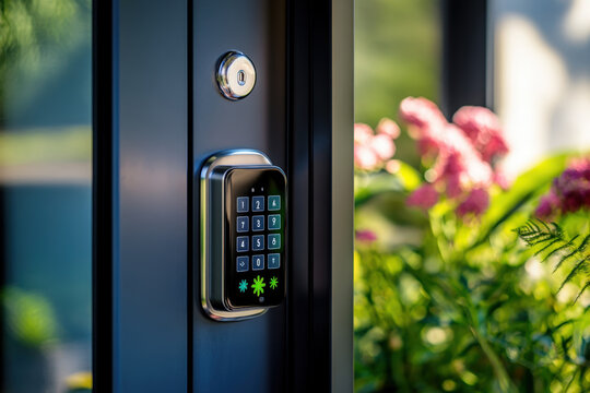 Modern doorbell with camera and code access control system is installed on a front door