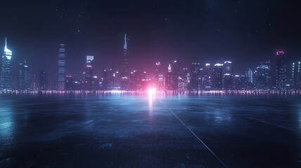 Futuristic cityscape with glowing lights reflecting on the ground.