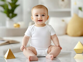 Minimalist baby bodysuit on a marble surface with gold accents, ideal for luxury baby products, baby bodysuit mockup, luxury theme