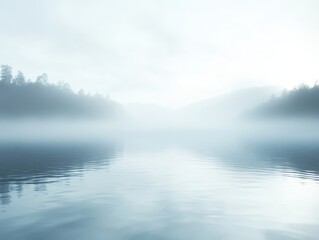 Fototapeta premium Serene mist shrouds a tranquil lake surrounded by trees, creating a peaceful atmosphere.