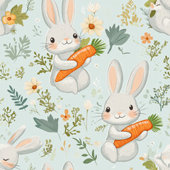 Cute bunnies holding carrots - seamless Easter pattern
