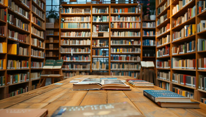 Fototapeta premium Books on wooden table against full shelves in library