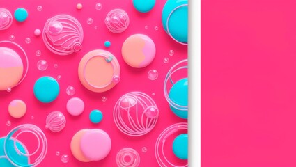 A colorful abstract background with various pastel circles and bubbles on a pink surface