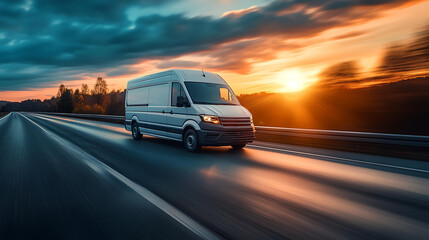 Fototapeta premium a white van driving down a highway at sunset
