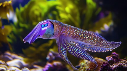 Cuttlefish changing colors and patterns, blending seamlessly with its surroundings, vibrant and dynamic