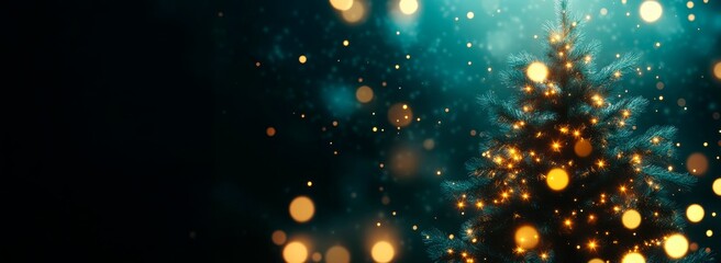 Obraz premium Dark background with a golden Christmas tree, a bokeh effect, and glowing lights. festive banner template for New Year's and christmas, copy space for text, atmosphere of magic and joy for the holiday