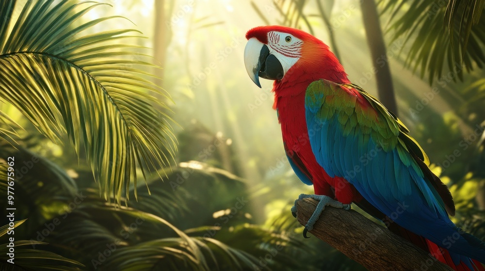 Wall mural scarlet macaw in tropical paradise