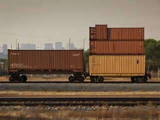 Obraz premium Stacked Cargo Containers on a Train Freight Car