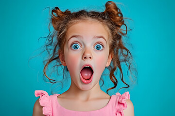 This lovely young girl wearing a pink top is shown with her mouth open and isolated on a turquoise background with a turquoise background color