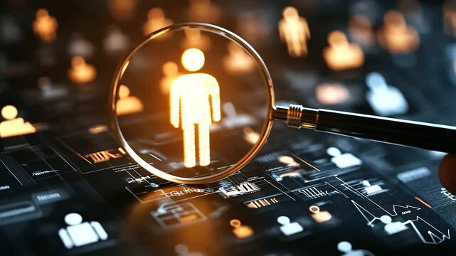 A single human icon within a magnifying glass, glowing and distinct amidst other dimmed icons, symbolizing the targeted approach of CRM to customer needs