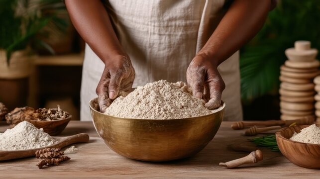 A person is making bread in a bowl. The bowl is filled with flour and the person is holding it. There are other bowls and spoons on the table