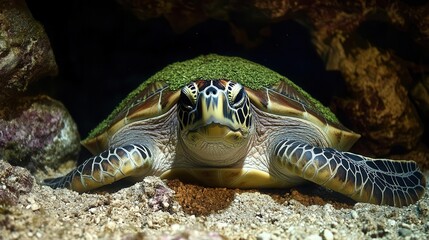 Fototapeta premium Green sea turtle resting on the ocean floor, its shell covered in algae, peaceful and serene