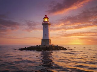 Lighthouse on Rocky Island at Sunset
