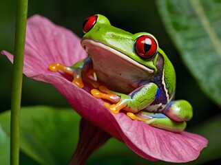 Red Eyed Tree Frog on Pink Flower in Green Foliage