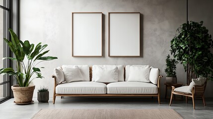 a living room with a couch, chair and two framed pictures on the wall above it
