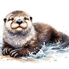 흰 배경, 해달, 수채화 (white background, Sea otter, water colour)