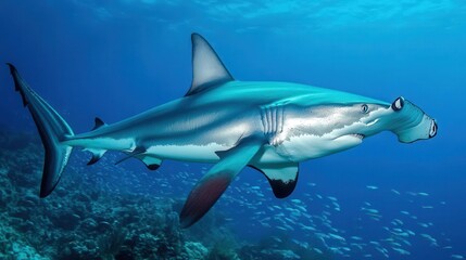 Naklejka premium Hammerhead shark patrolling the open ocean, sleek and powerful, schools of fish scattering in its wake