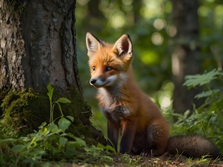 Fototapeta premium Red Fox Kit in Forest Undergrowth