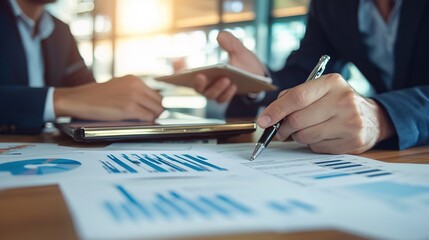 entrepreneur reviewing financial documents with an advisor, deep in planning discussion