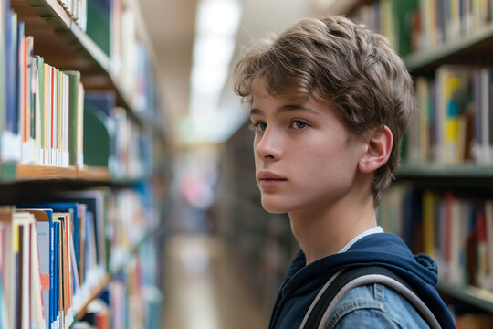 Teenage Student in Library Aisle Searching for Books with Focused Expression