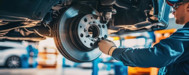 Professional mechanic in vibrant workshop closely inspects car brake system for maintenance and safety