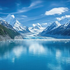 Panoramic View of Snow-Capped Alaskan Mountains and Reflecting Blue Lake