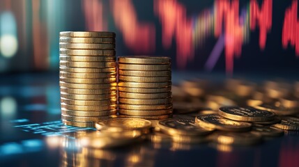 Stacks of gold coins with a background of financial trading graphs