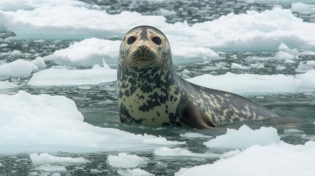 Leopard seal hunting in the icy waters, sleek and agile, surrounded by floating ice