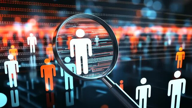 A magnifying glass spotlighting a human icon in a crowd, with digital rays emanating from the focus point, showing CRM’s ability to identify