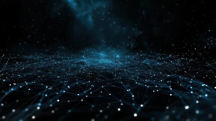 A dark blue background with a lot of dots and lines. The dots and lines are connected to each other, creating a web-like pattern. The image has a futuristic and technological feel to it, with the dots