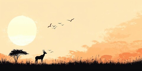 Silhouette of a gazelle in an African savanna sunset landscape