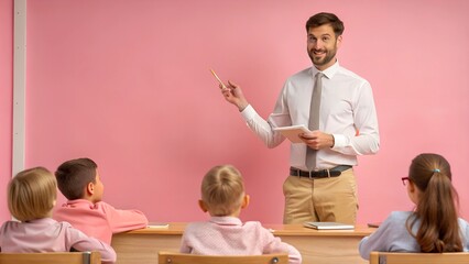 Teacher teaching a lesson in the school classroom with attentive students. Education and teacher's day.