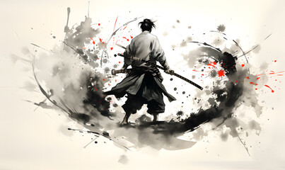 Japan traditional sumi-e painting. The theme involves a samurai preparing to draw his katana for defense or attack.