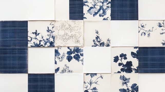 A patchwork of classic French toile patterns and faded floral designs, combined with distressed textures and ornate, Baroque-inspired detailing