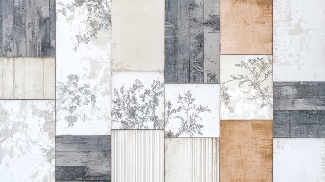 A patchwork of classic French toile patterns and faded floral designs, combined with distressed textures and ornate, Baroque-inspired detailing