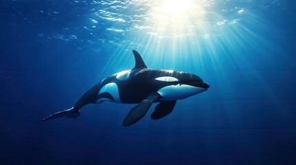 Fototapeta premium Orca whale swimming majestically in the deep blue sea, sunlight filtering through the water, calm and powerful