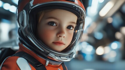 Child posing as a space tour operator, preparing tourists for space exploration in a high-tech spaceport.