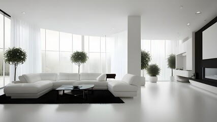 Bright minimalist living room with white decor and large windows letting in natural light, creating a peaceful, airy space perfect for contemporary home interior inspiration and lifestyle imagery."