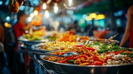 A vibrant street food stall at the Thailand Vegetable Festival serving stir-fried vegetables with the à¹€à¸ˆ logo in the background