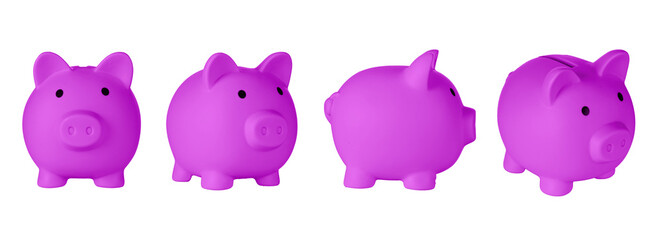 Set Piggy bank pig Pink color on isolated white background close up