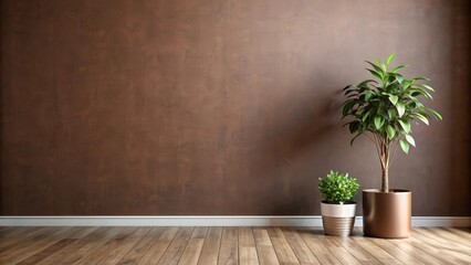 Minimalist interior with a potted plant against a brown wall