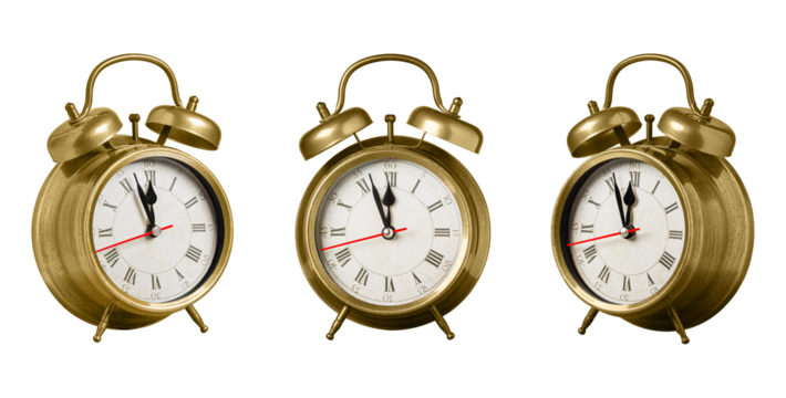 set collection retro clock, watch, pointer clock, Yellow color alarm clock on isolated white background close up
