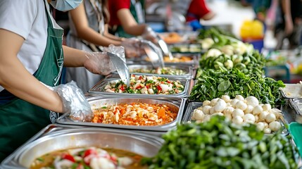 Vendors preparing vegan Thai soups at the Thailand Vegetable Festival with the à¹€à¸ˆ logo prominently displayed