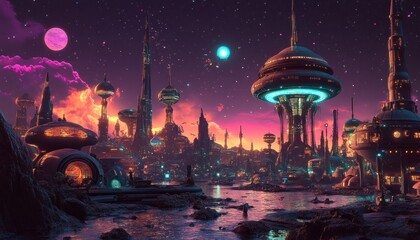 Obraz premium Futuristic Cityscape with Illuminated Towers and a Bright, Starry Sky