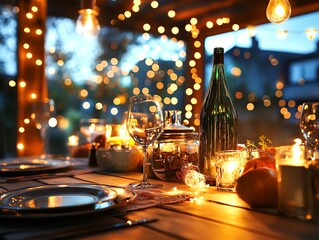 A beautifully arranged outdoor dining table illuminated by twinkling lights, perfect for cozy gatherings and elegant evenings.